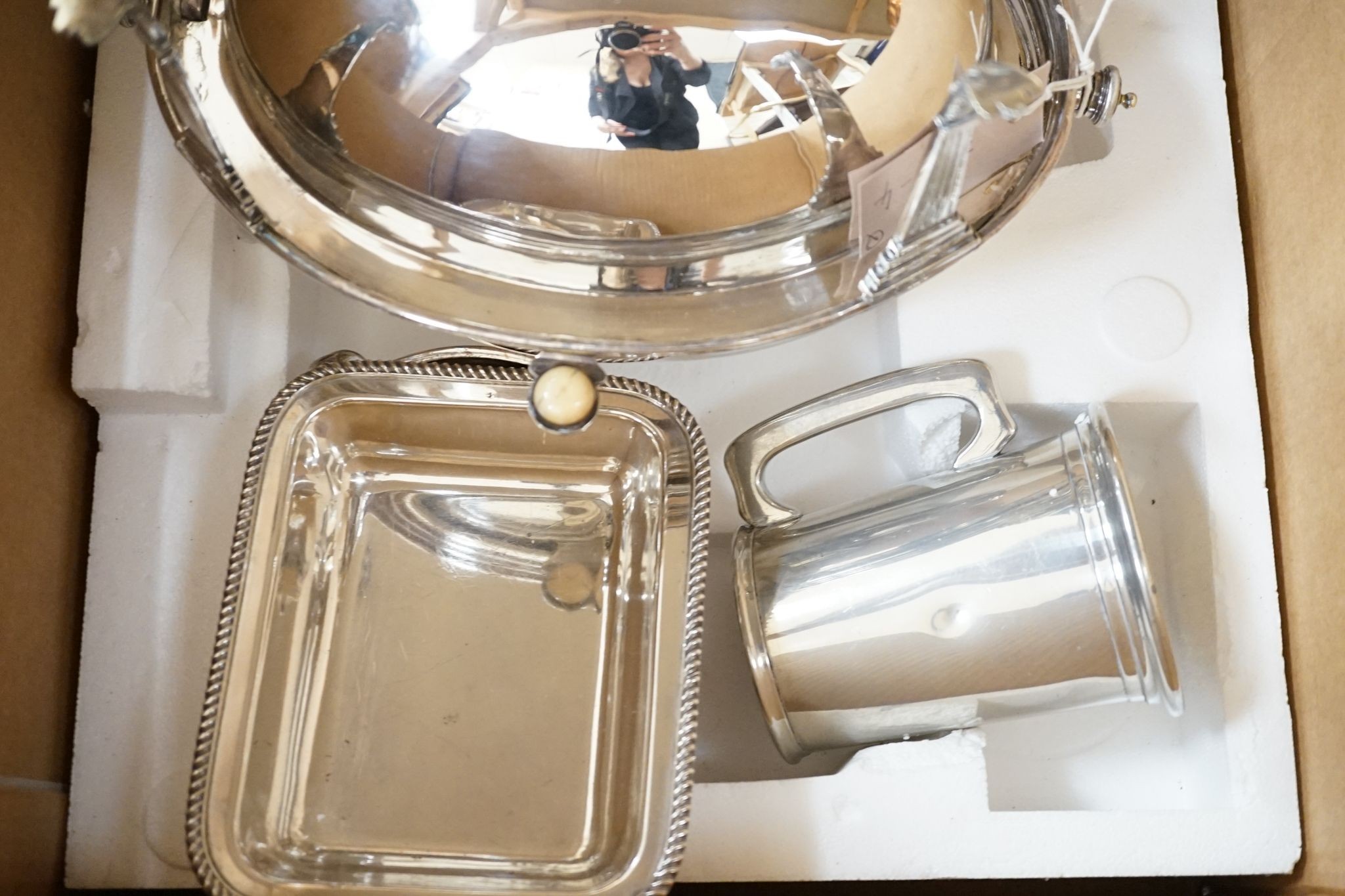 A quantity of plated wares including a breakfast dish, serving dishes etc